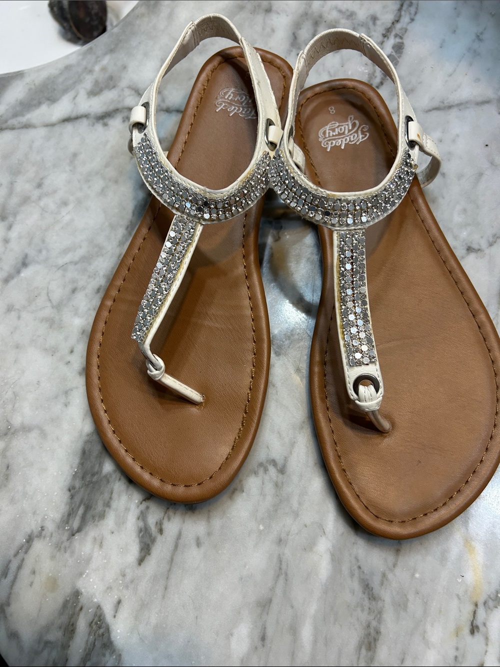 Goddess White and Brown Crystal T-Strap Sandals